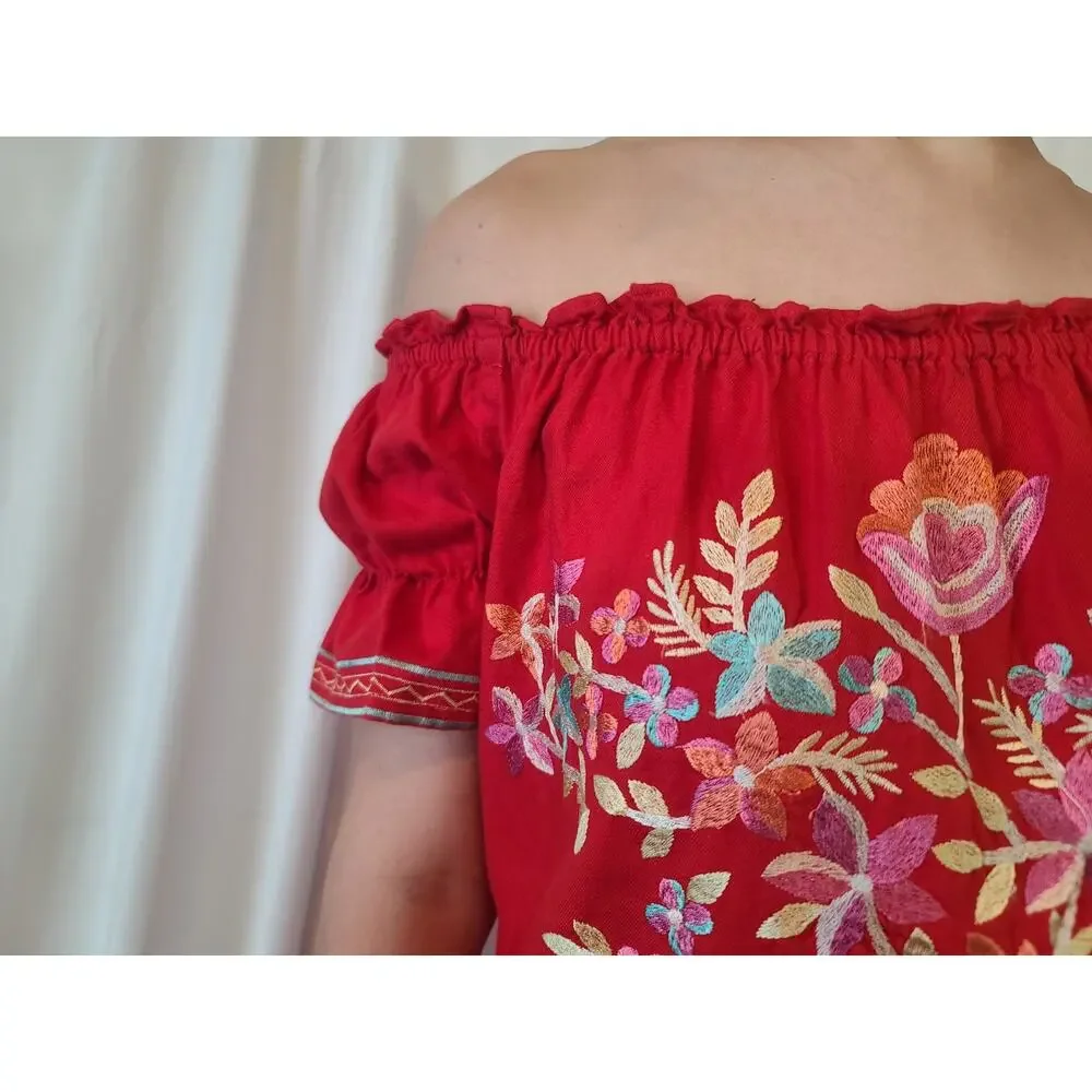Free People Fleur Du Jour Embroidered Red Off Shoulder Mini Dress XS